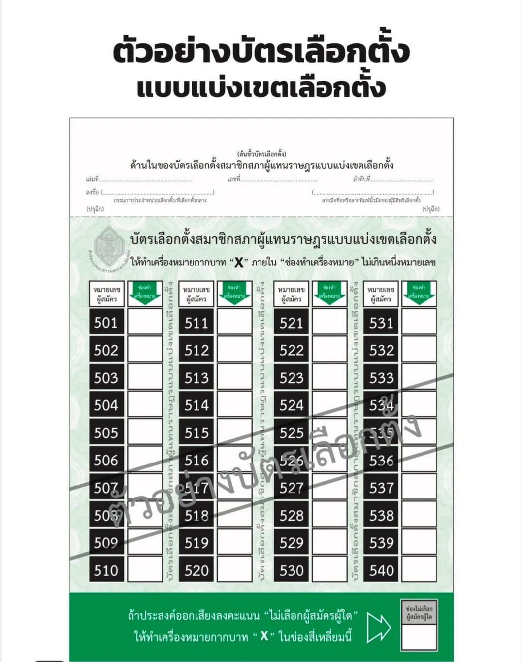 ตัวอย่างบัตรเลือกตั้ง ส.ส.แบบแบ่งเขตเลือกตั้ง