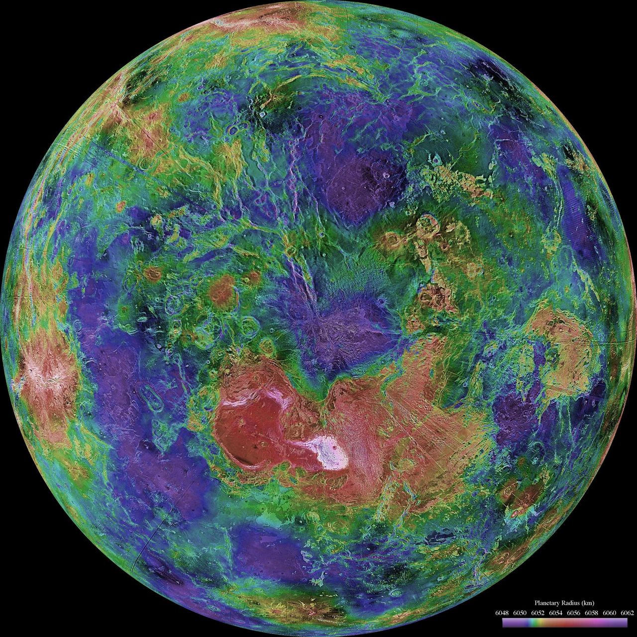 ภาพดาวศุกร์ซีกเหนือจากภารกิจ Magellan ปี 1990-1994 ซึ่งถ่ายภาพพื้นผิวดาวศุกร์ได้มากกว่า 98% และใส่สีเพื่อแสดงระดับความสูง